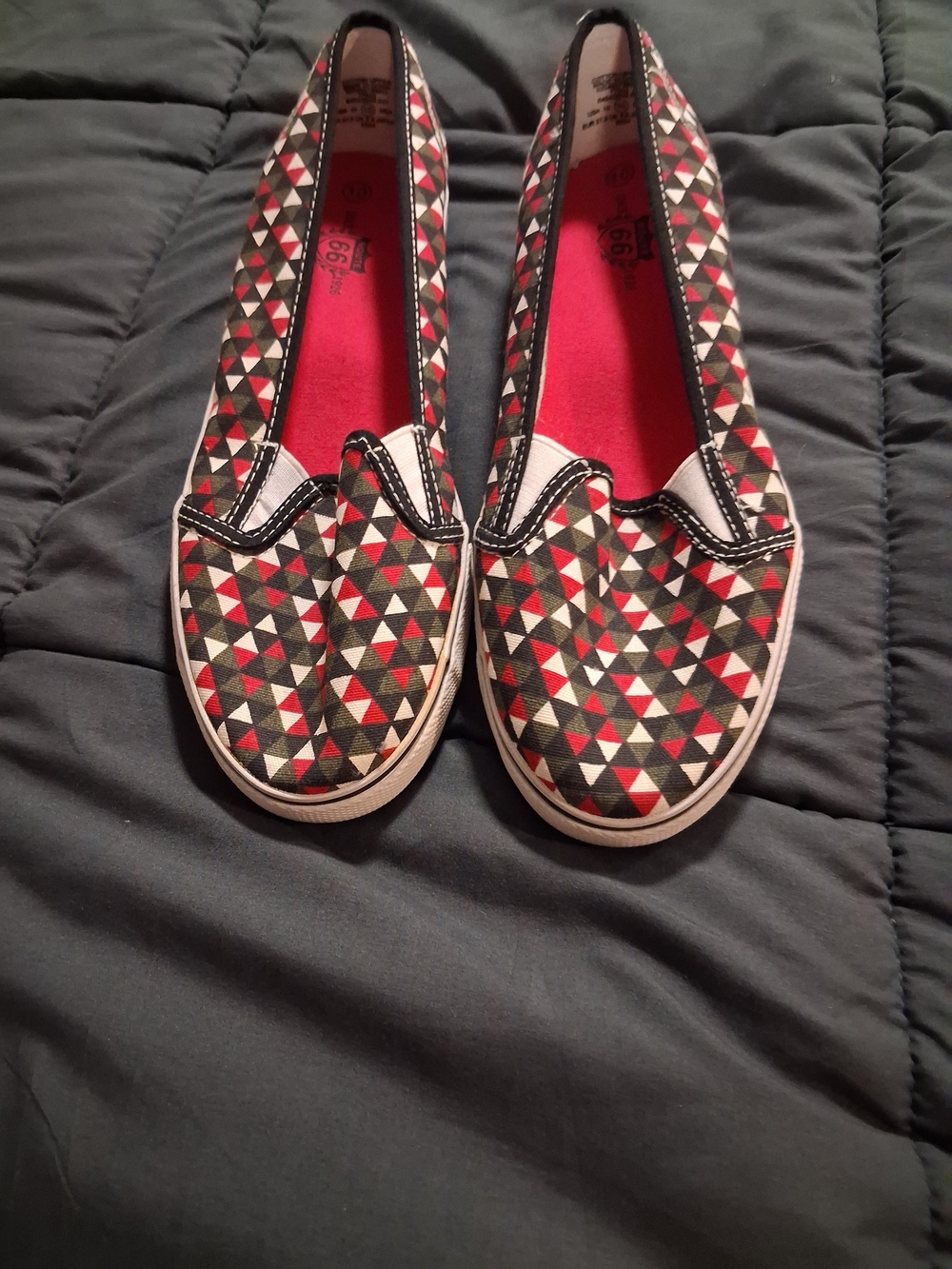 Geometric Slip-On Flats in Red, Black & White